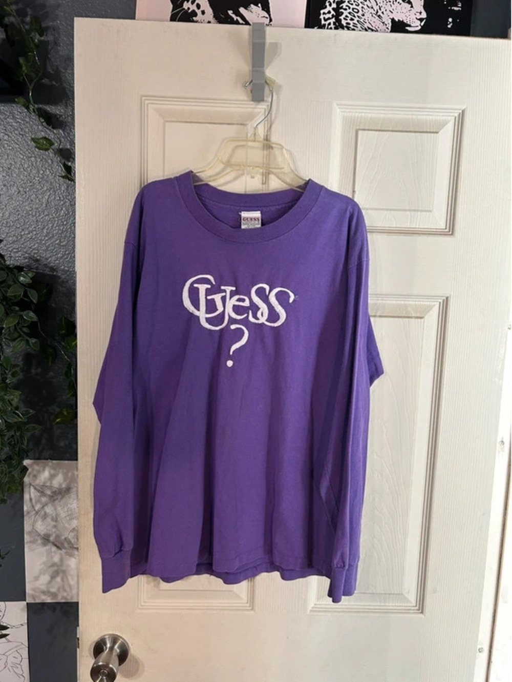 Guess purple long sleeve shirt with white 'Guess?' logo